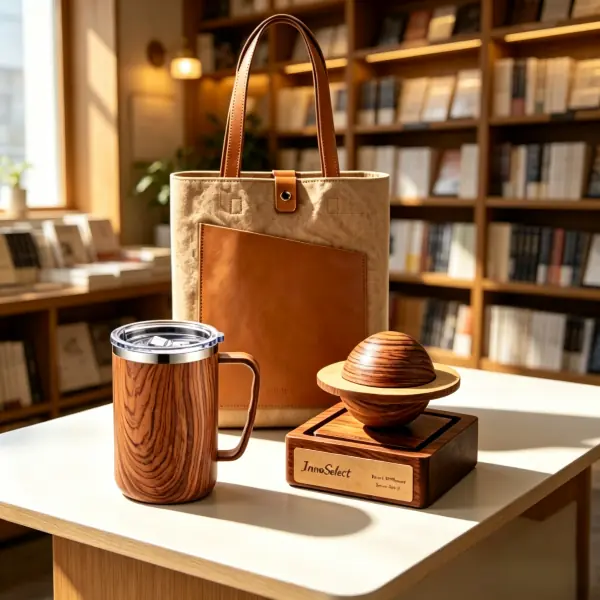 Sustainable PR event gift set displaying natural washable kraft paper tote bag, wooden textured travel mug, and minimalist orbital desk ornament.