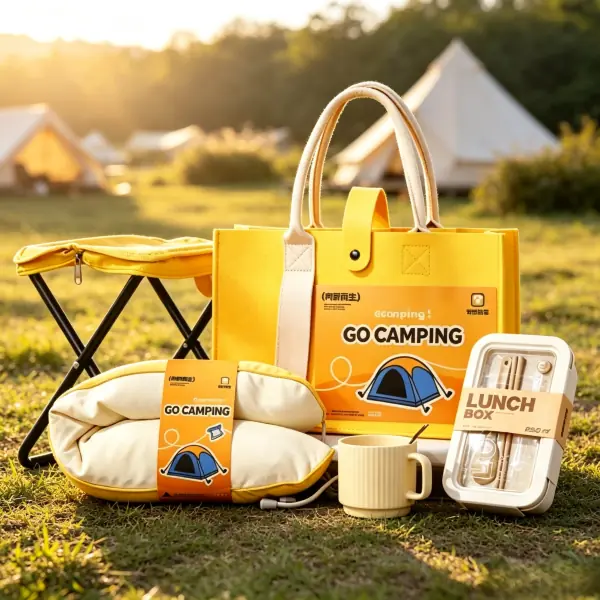 Custom corporate outdoor event retreat kit including yellow canvas tote bag, folding camping stool, travel pillow, and bento lunch box on grass.