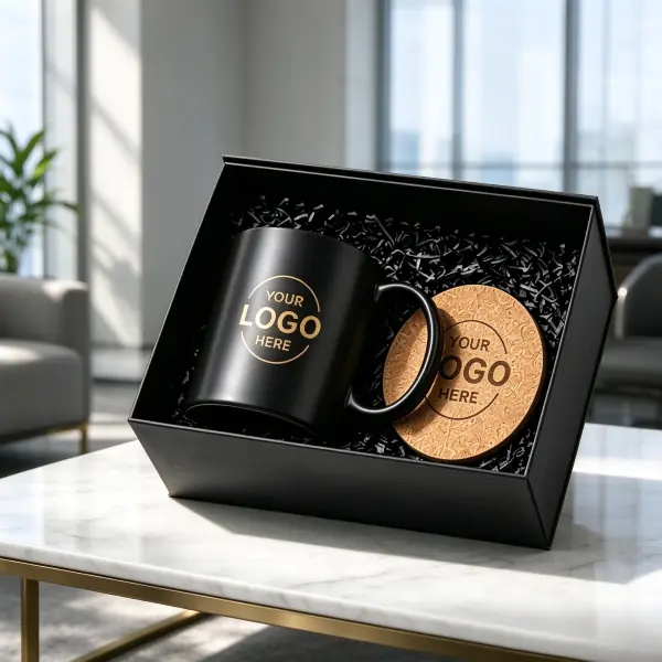 Premium B2B client appreciation box set featuring a matte black ceramic coffee mug and engraved natural cork coaster on a marble table.