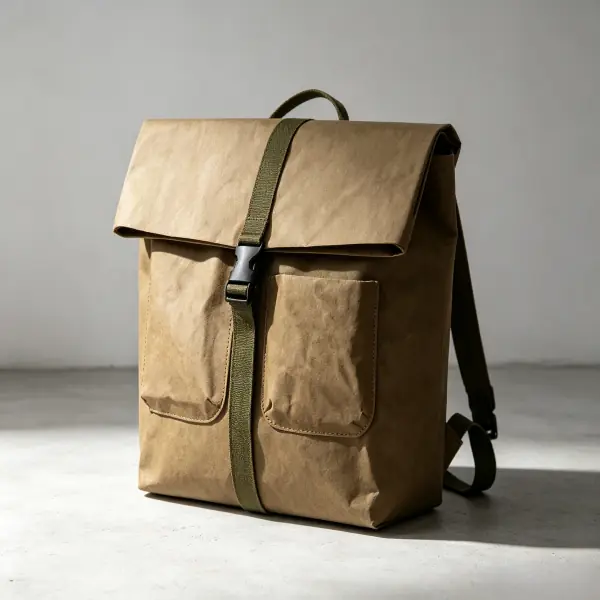 Sustainable washable paper backpacks with green olive buckle strap and flap closure