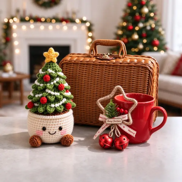 Corporate holiday gift basket for employees featuring a hand-woven rattan briefcase, miniature knitted Christmas tree, and festive red ceramic mug.
