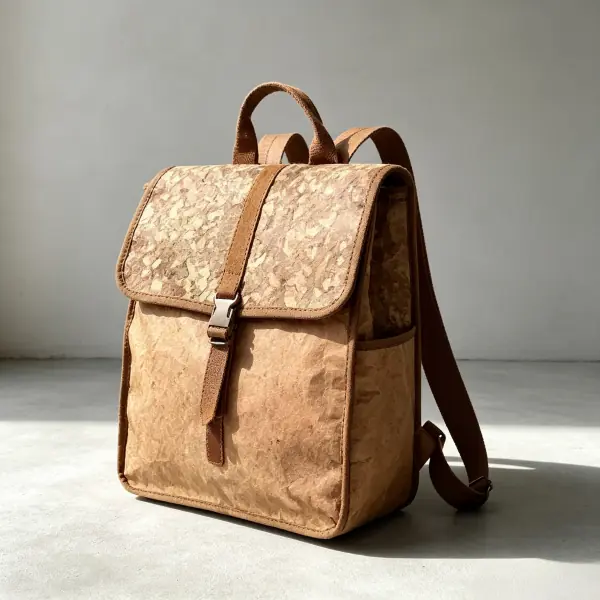 Vintage cork pattern embossed washable paper backpack with leather buckle strap