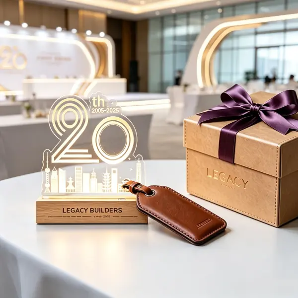 InnoSelect "Legacy Builders" 20th corporate anniversary illuminated crystal desk award with a custom genuine leather pouch and presentation gift box on a celebration table.