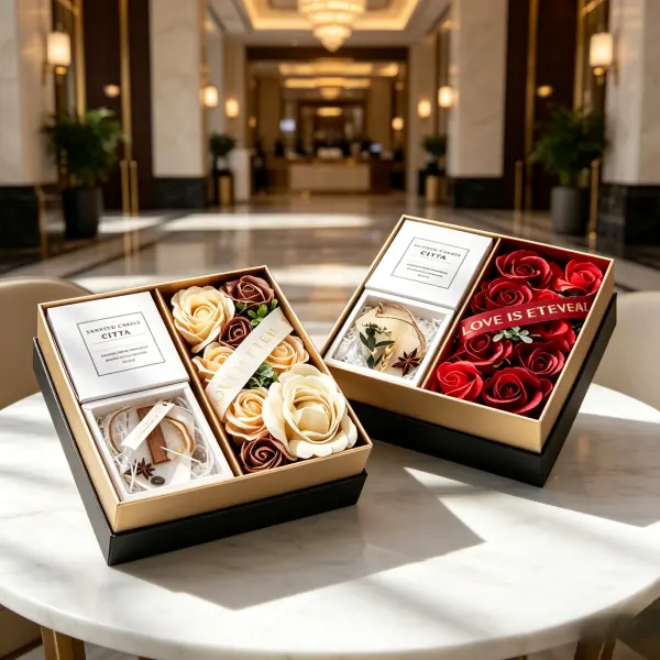 Luxury PR event media kit featuring preserved red and beige rose floral arrangements, custom scented candles, and premium branding boxes.
