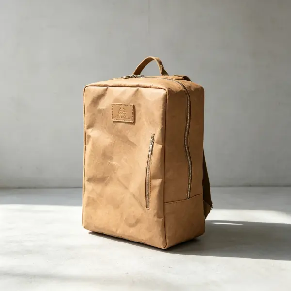 Minimalist tan washable paper box backpack with top zipper closure, custom washable paper backpacks for onboarding