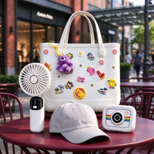 Fun team appreciation kit with a decorated canvas tote bag, custom baseball cap, portable handheld mini fan, and retro instant camera.
