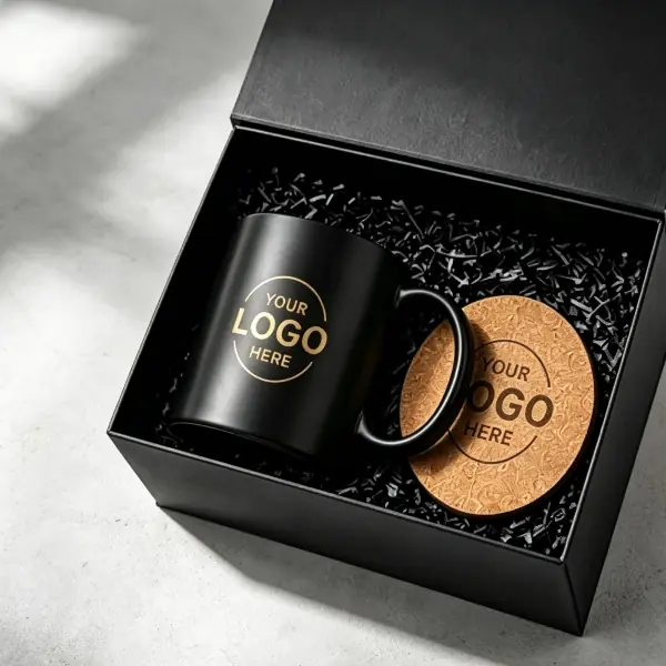 Custom sustainable employee joining kits with ceramic coffee mug and natural cork coaster, support custom logo printing for low MOQ