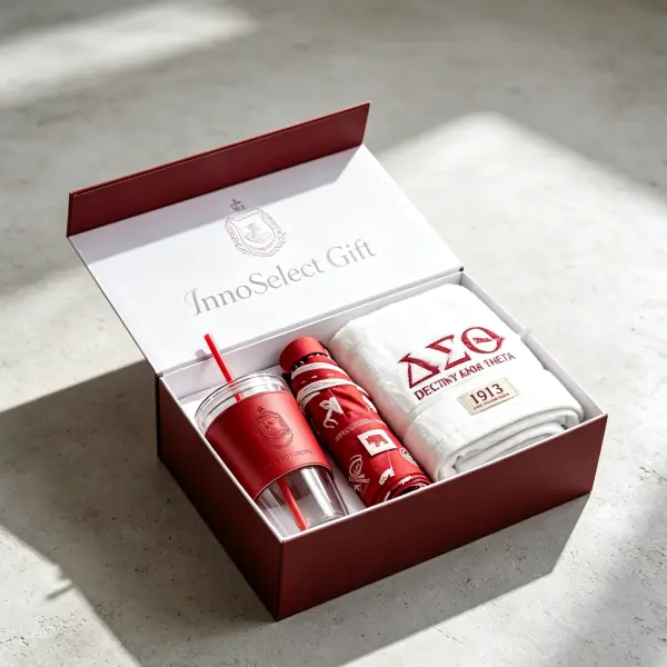 An outdoor and commute-ready corporate gift package featuring an umbrella, a mug, and a towel.