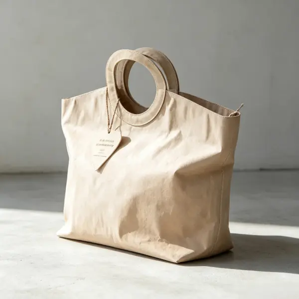 Creative washable kraft paper market tote featuring integrated round die-cut handles for design-focused brands.