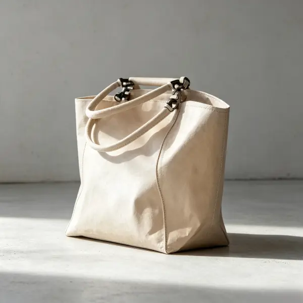 Soft cream-colored washable paper shoulder tote with flexible magnetic closure for retail merchandise.