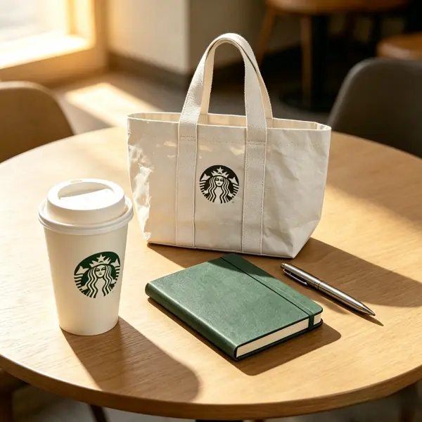 Custom branded corporate anniversary gift set with a heavy-duty organic washable paper tote bag, bamboo travel coffee tumbler, A5 green eco-notebook, and pen placed on a wooden café table.