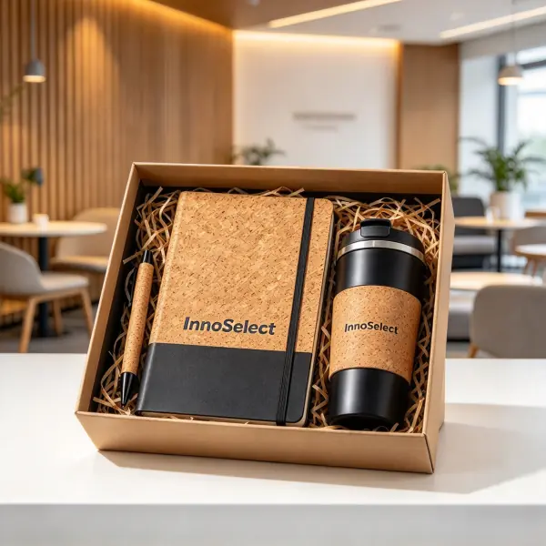 Executive VIP gift box set featuring an embossed natural cork notebook, cork-wrapped travel tumbler, and matching pen in a kraft presentation box.