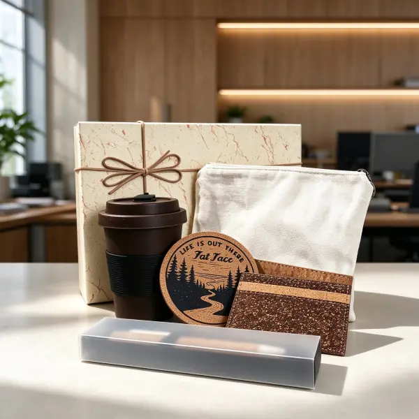 Eco-friendly employee welcome gift box with a cork-wrapped coffee tumbler, laser-etched cork coaster, business card sleeve, and pen set.