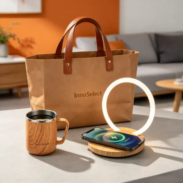 Eco-friendly VIP executive gift set with a natural cork wireless charging pad, wood-textured coffee mug, and washable kraft paper tote bag.