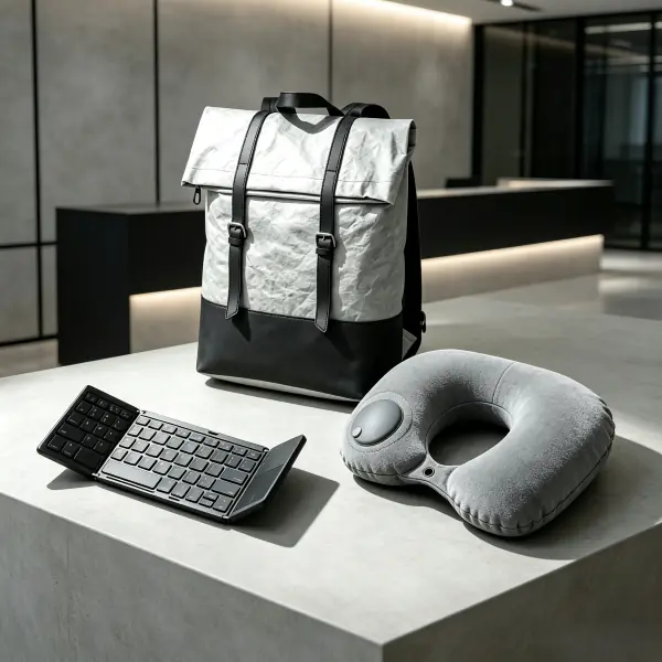 Tech company remote employee onboarding gift kit featuring a water-resistant washable kraft paper backpack, foldable Bluetooth keyboard, and travel neck pillow.