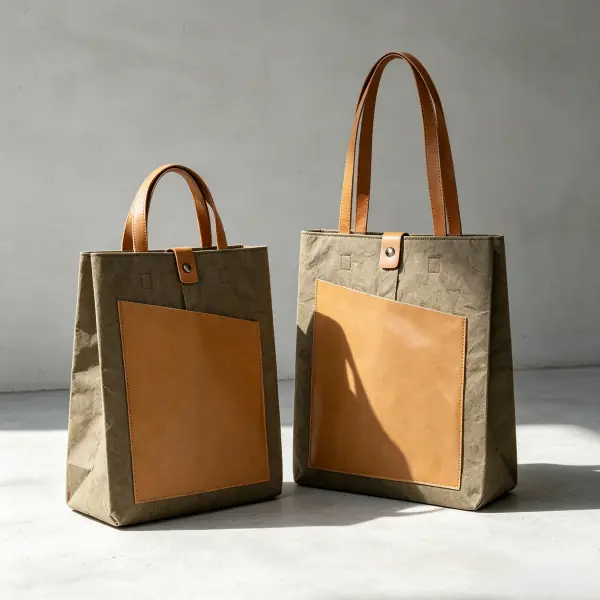 Matching pair of custom two-tone washable kraft paper totes with soft webbing handles for event swag, eco friendly trade show tote bags.