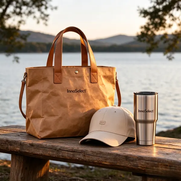 Premium executive outdoor leisure gift set featuring a washable kraft paper tote bag, matching cap, and stainless steel travel tumbler on a park bench.