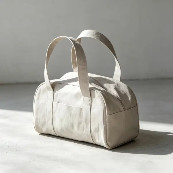 Compact cream-colored washable kraft paper duffle bag with zipper closure for executive weekend trips.