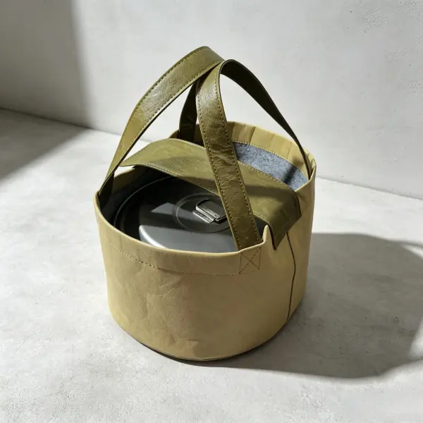 Olive green washable kraft paper mini bucket tote handbag with sturdy handles