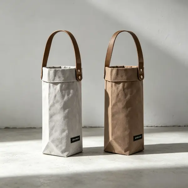 Eco friendly washable kraft paper wine bottle tote carrier with leather handle