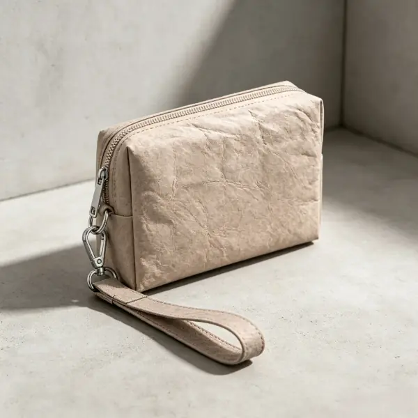 Light brown washable kraft paper wristlet pouch with strap for travel accessories and eco friendly tech organizer pouch