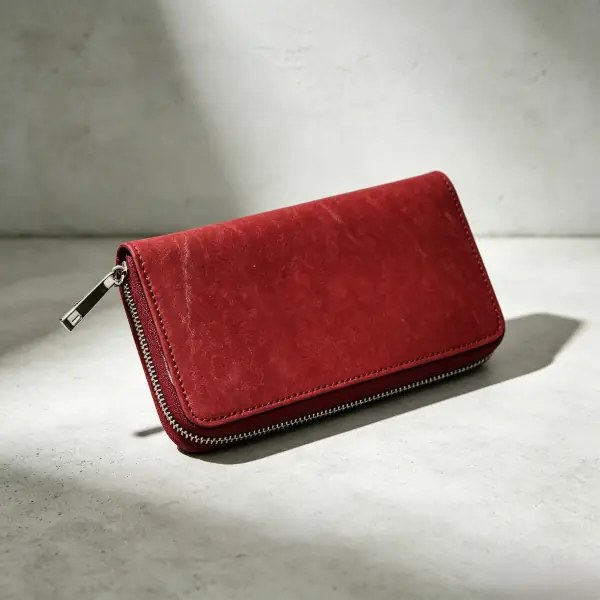 Red washable kraft paper zip around long clutch wallet with metal zipper