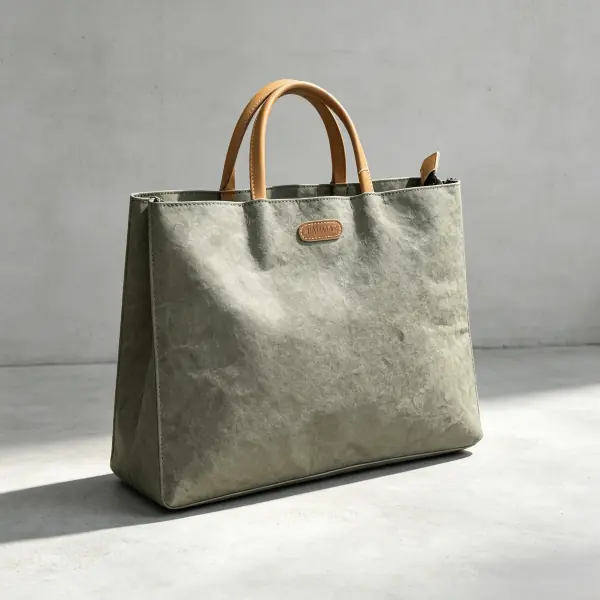 Structured grey-green washable paper work tote bag with top zipper and leather handles for office employees.