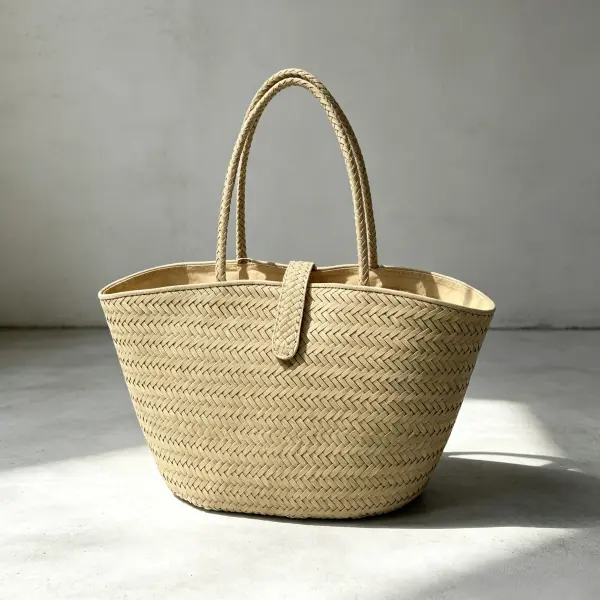 Unique woven-style washable paper basket tote with top snap button closure for lifestyle brand gifting.