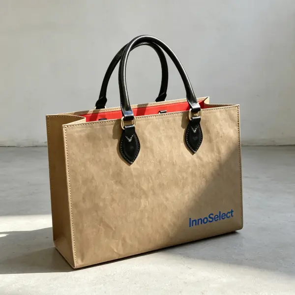 Sturdy khaki washable paper tote bag with black contrast handles and interior lining for daily work commute.