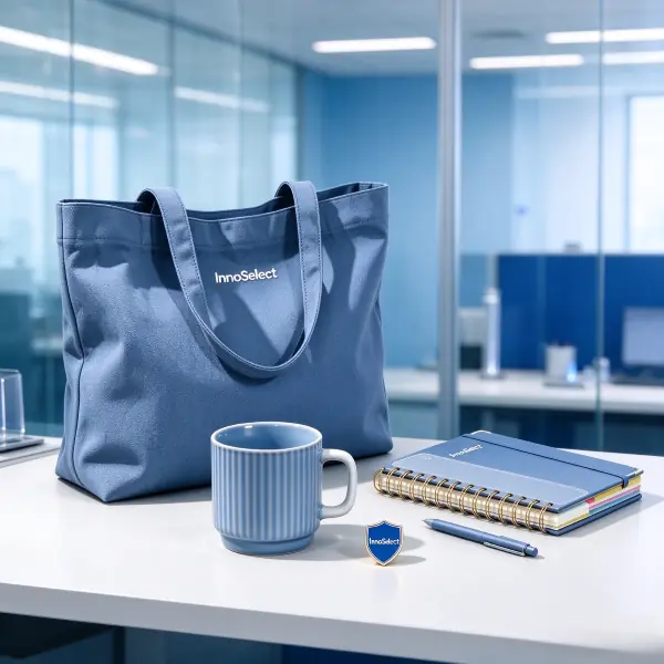 Custom corporate gifts with muted blue canvas tote bag paired with a blue ribbed ceramic coffee mug, spiral notebook, pen, and enamel badge pin for intern welcome gifts