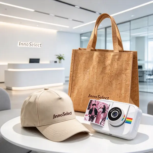 Creative company anniversary employee kit featuring a structured cork tote bag, custom washable paper cap, and branded instant camera in a bright corporate office setting.