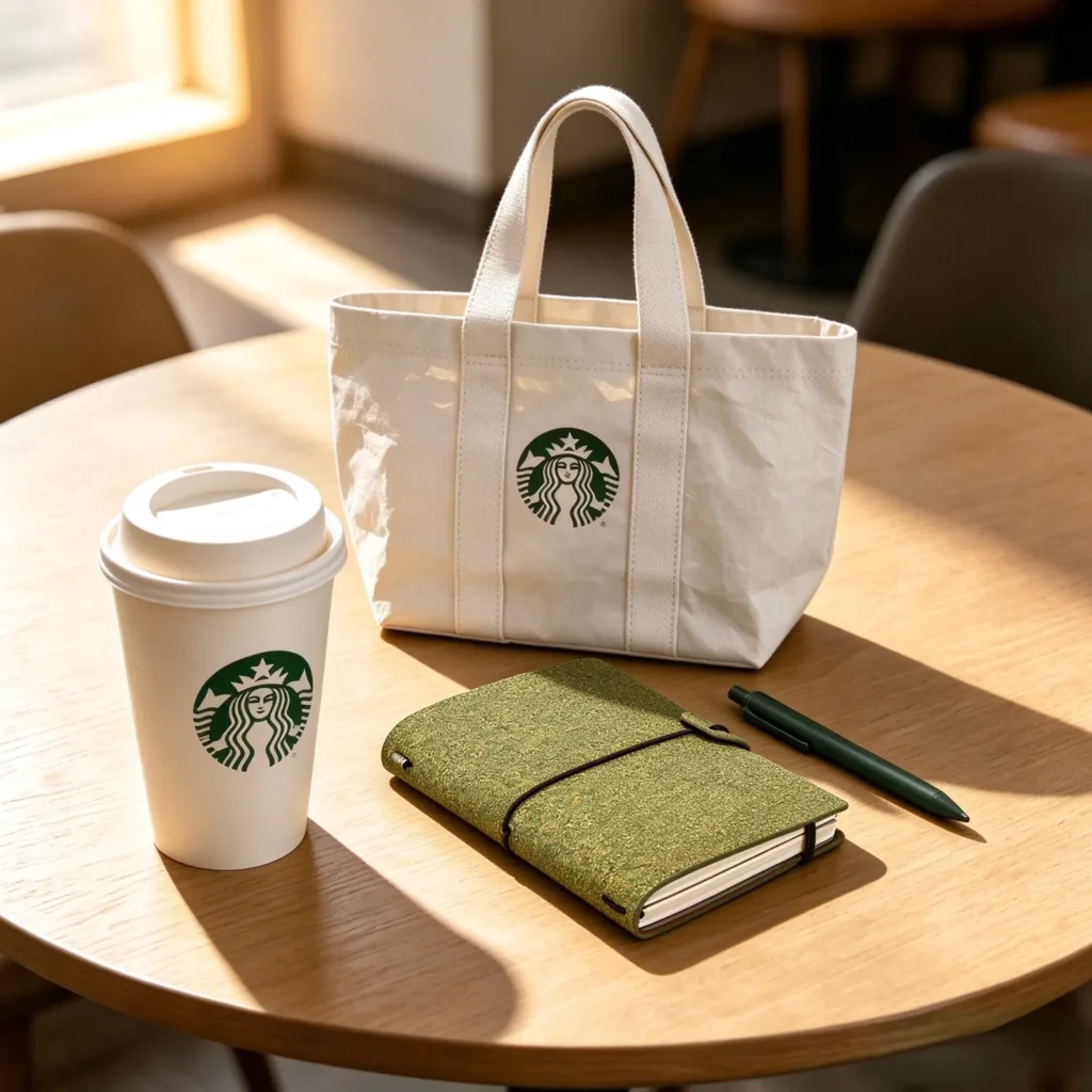 Custom branded corporate anniversary gift set with a heavy-duty organic washable paper tote bag, bamboo travel coffee tumbler, A5 green tea grounds eco-notebook, and wheat straw ballpointpen placed on a wooden café table.