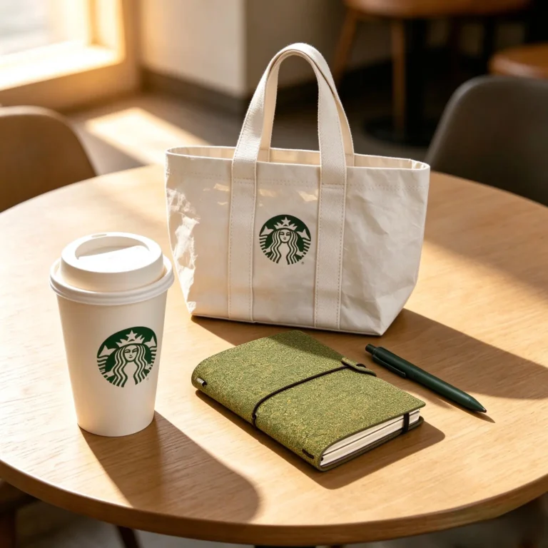 Custom branded corporate anniversary gift set with a heavy-duty organic washable paper tote bag, bamboo travel coffee tumbler, A5 green tea grounds eco-notebook, and wheat straw ballpointpen placed on a wooden café table.