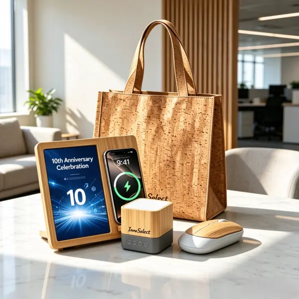 Eco-friendly corporate anniversary gifts with a natural bamboo wireless charging pad, wooden photo frame, bamboo Bluetooth speaker, eco mouse, and cork tote bag on an office desk.