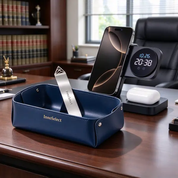 Executive corporate milestone gift set featuring a deep blue debossed leatherette desk tray, a stainless steel bookmark and a 3-in-1 multi-device wireless charging station on a wooden office desk.