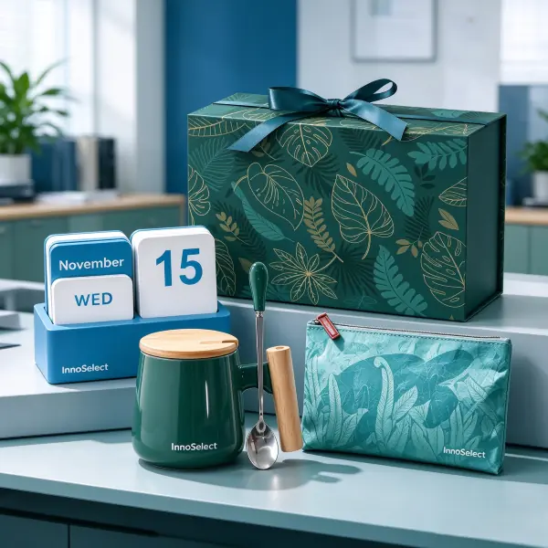 A premium executive employee onboarding gift set featuring a dark green botanical magnetic gift box, a blue flip perpetual calendar, a dark green ceramic mug with wooden handle, and a patterned tech pouch.