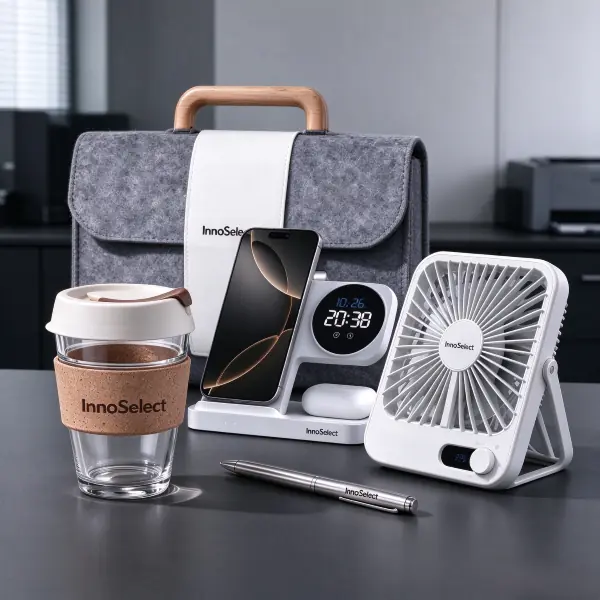 A comprehensive tech and desk onboarding kit including a felt laptop briefcase, 3-in-1 wireless charging station with digital clock, USB desk fan, glass coffee cup, and stylus pen.