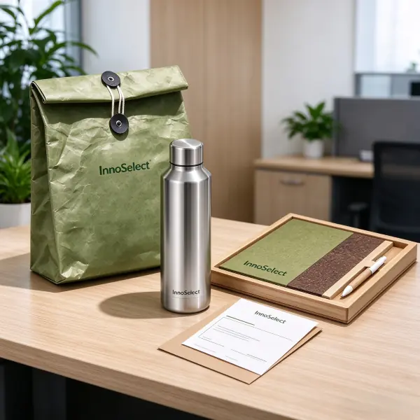 An eco-friendly corporate welcome kit with an olive green tyvek paper lunch bag, stainless steel tumbler, green tea grounds notebook set, and personalized welcome letter.