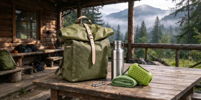 Sustainable corporate milestone gift set including a green washable kraft paper roll-top backpack, stainless steel water bottle, and compact sports towel on a wooden outdoor table.